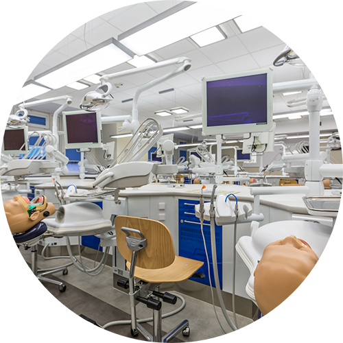 Row of practice treatment stations at a dental training facility